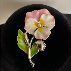 Vintage Enamel Pansy Brooch Signed Floral Spring Costume Jewelry